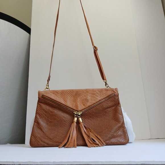 Italian Leather Caramel Reptile Crossbody Bag Zip Front with Fringe Zipper Pulls - Picture 1 of 9